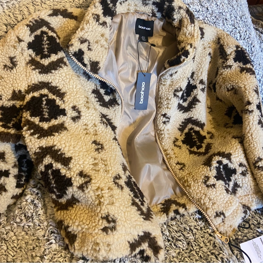 Boohoo Cream and Brown Sherpa Zip Jacket with Pattern